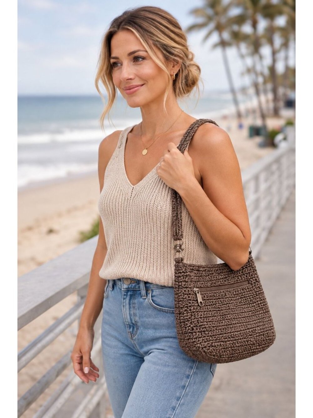 The Sak Greenwood Crochet Shoulder Bag Brown Taupe Woven Crossbody Purse
